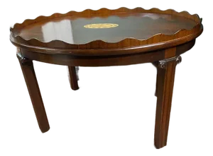 George III Style Mahogany and Marquetry Oval Tray Coffee Table. Large Size