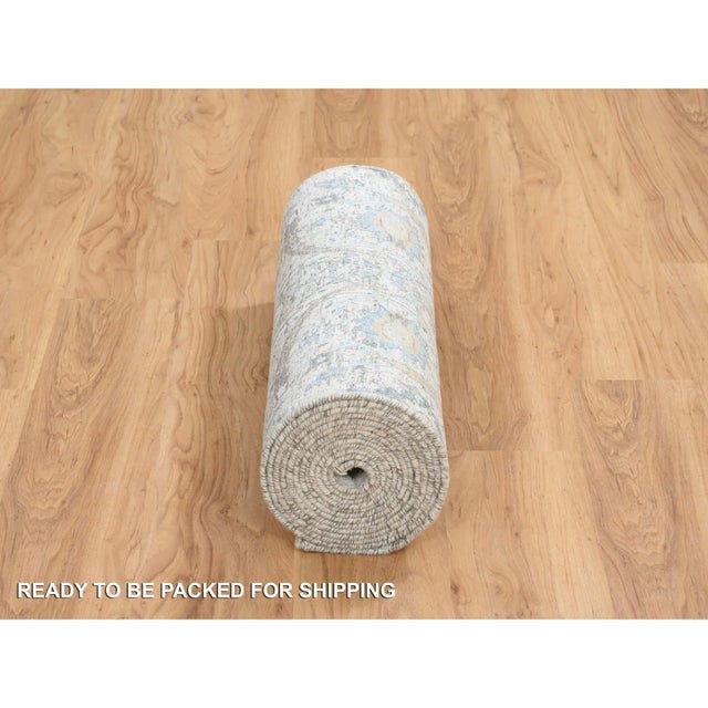 2010s Ivory and Blue Silk With Textured Wool Hand Knotted, Sickle Leaf Design Soft Pile, XL Runner Oriental Rug For Sale - Image 4 of 9