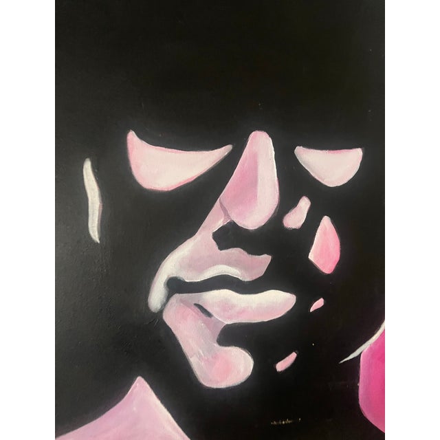 Striking vintage original painting in the mid-century modern style. A stylized portrait emerges from a deep black field,...