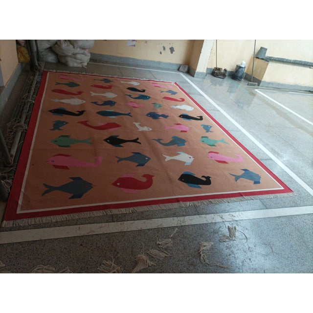 Handmade Cotton Vegetable Dyed Flat Weave Area Rug, Tan, Red Fish Patterned Dhurrie - 9'x12' For Sale - Image 16 of 16