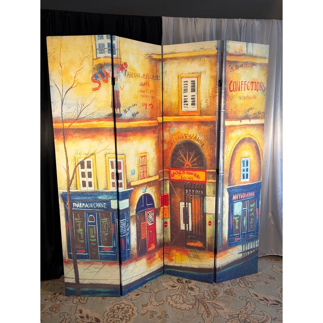 Vintage Double-Sided Parisian Street Scene Canvas 4-Panel Room Divider Screen For Sale - Image 9 of 12