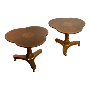 Pair Gueridon Walnut & Burl SideTables, Pansy Flower, Glass Tops Optional - Circa 1950s