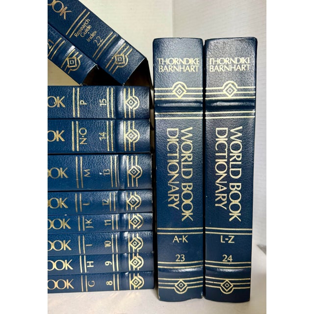 1980s 1988 Complete World Book Encyclopedia 24 Volume Set With Dictionary in Navy Blue & Gold For Sale - Image 5 of 9