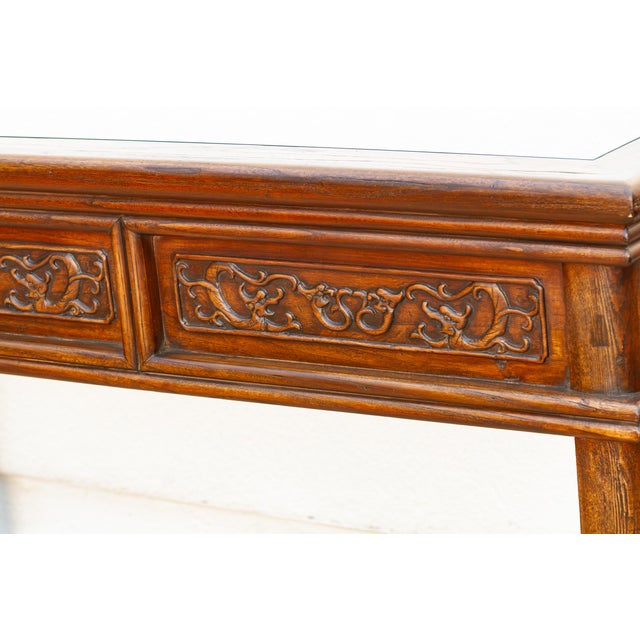Vintage Carved Chinese Glass Top Center Table For Sale - Image 4 of 18
