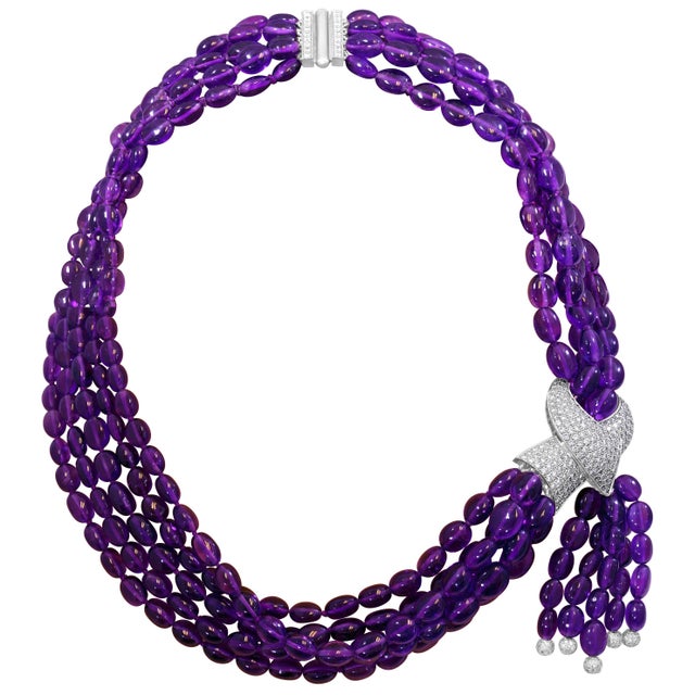 700 Ct Natural Amethyst Multi Layer Bead Necklace in Platinum with 9 Ct Diamonds For Sale - Image 15 of 18