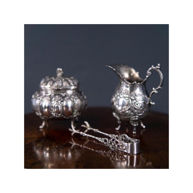 Milk Jug, Sugar Bowl and Tongs in Silver, Set of 3 For Sale - Image 12 of 12