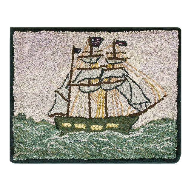 1940s Gray Nautical Antique American Hooked Rug 2'7" X 3'2" Handknotted Wool Carpet For Sale