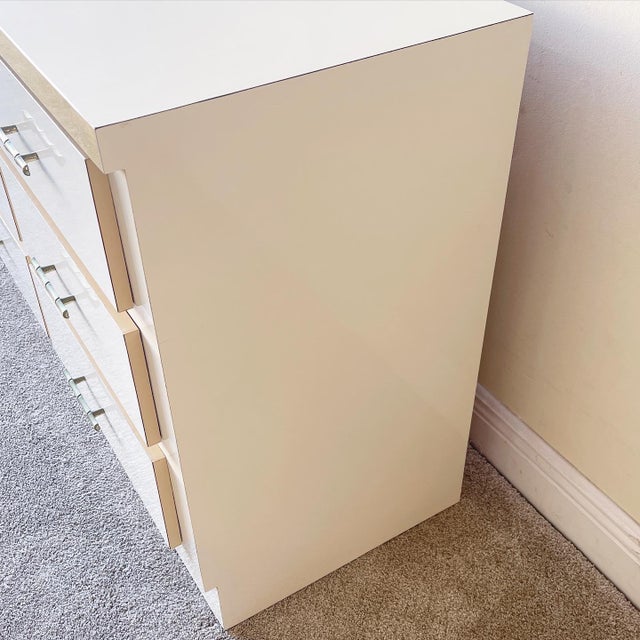 Postmodern Cream Lacquer Laminate Dresser With Gold Paneling and Faux