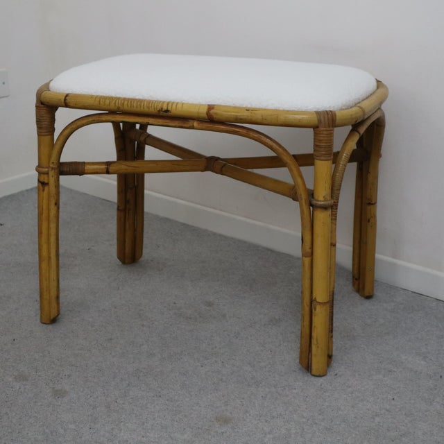 Pair of 1970s Italian Rattan and Bamboo Stools With White Boucle Upholstery For Sale - Image 6 of 9