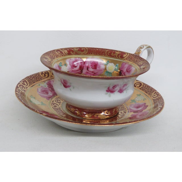 Ceramic Mogi Momonoi Gold Burgundy Bone China Flower Tea Cup & Saucer Set 4653b For Sale - Image 7 of 18