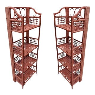 Pair Vintage Wicker 4-Shelves Folding Etagere Stand Bookcases For Sale