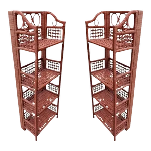 Pair Vintage Wicker 4-Shelves Folding Etagere Stand Bookcases