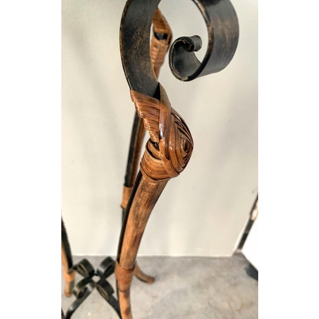 Art Nouveau Mediterranean Riviera Hand-Forged Iron, Faux Bamboo, Burnt Rattan Plant Stand, C. 1930s For Sale - Image 3 of 12