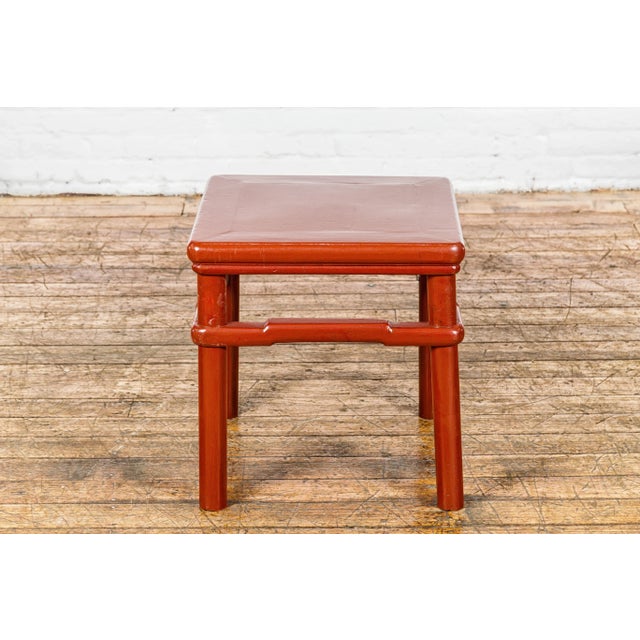 19th Century Qing Dynasty 19th Century Red Lacquer Side Table with Humpback Stretcher For Sale - Image 5 of 12