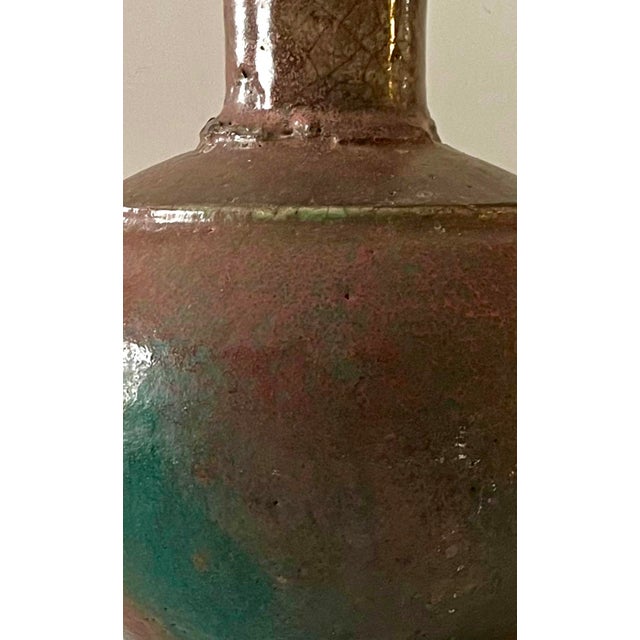 Vintage Signed Studio Pottery Vase With Layered Burnt Umber and Teal Green Glaze For Sale - Image 4 of 7