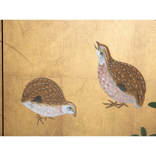 "Chrysanthemums and Quail" by Setsuga, 1980s Japanese Byobu Screen For Sale - Image 12 of 18