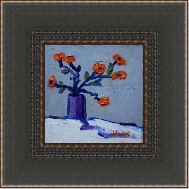 Still Life With Orange Flowers in Purple Vase Oil Painting For Sale In Reno/Lake Tahoe - Image 6 of 7