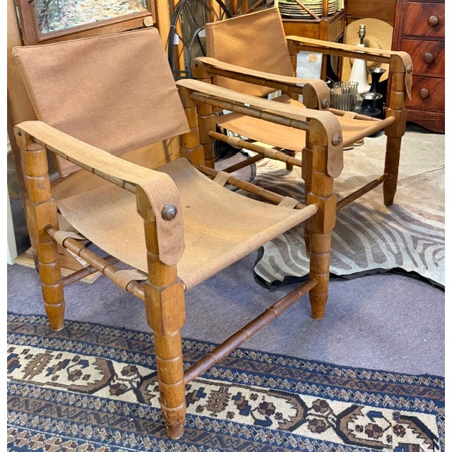 Mid-Century Modern Mid Century Wood and Canvas Safari Chairs For Sale - Image 3 of 9