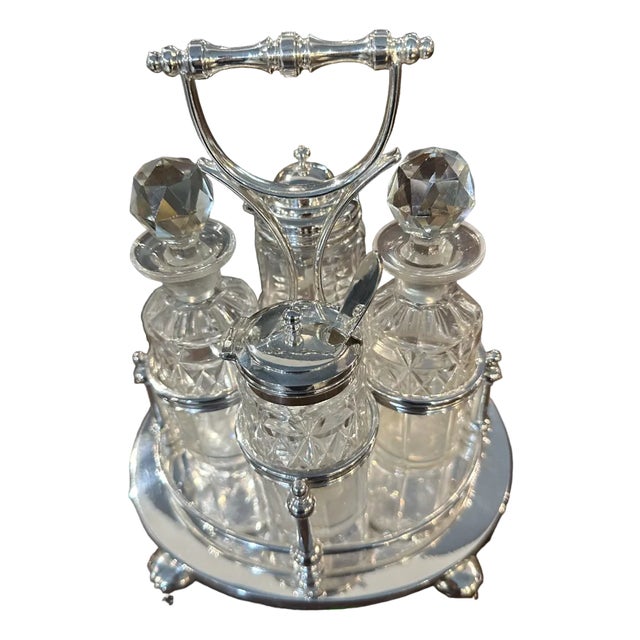 English Sheffield Oval Cruet in Excellent with Four Engraved Glass Bottles, Set of 5 For Sale