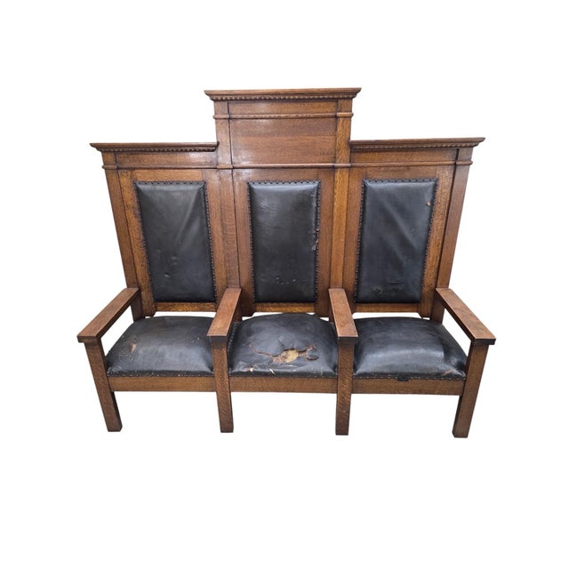 Black Antique Mission Revival Oak Triple Hall Bench – For Reupholstery For Sale - Image 8 of 8