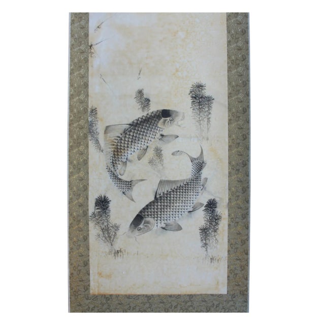 This is a handpainted 4 pieces oriental Chinese calligraphic style black ink pond fishes drawing paintings. The background...