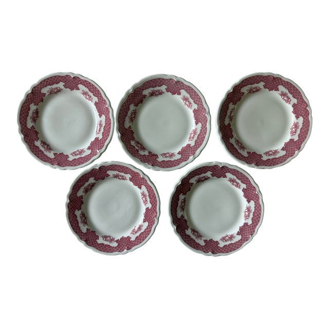 Vintage Mid-Century Modern Shenango Red Lattice & Fruit Pattern Small Plates - Set of 5 For Sale