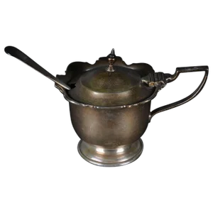 Antique Sterling Silver Caviar Bowl with Spoon, England, 1905, Set of 2