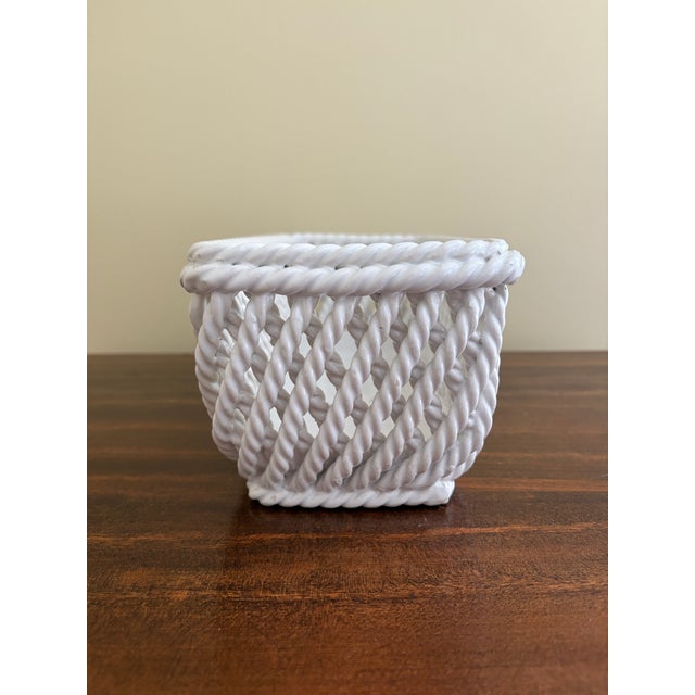 1960s French Country White Ceramic Woven Rope Cachepot Basket For Sale - Image 5 of 8