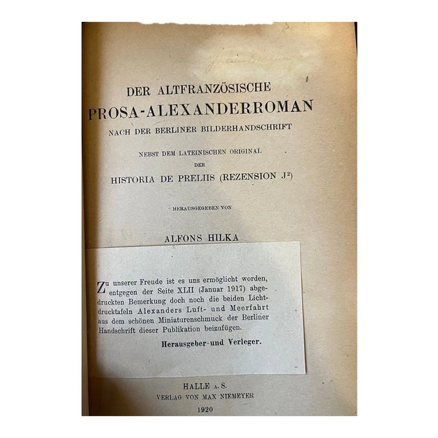 1920 Old French Prose Alexander Romance - Alfons Hilka - Medieval Studies For Sale