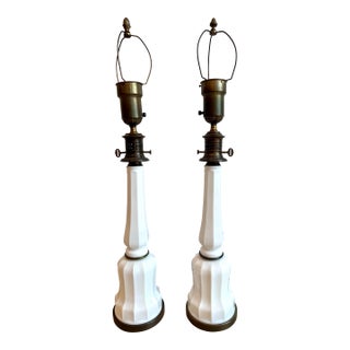 Early 20th Century White Milk Glass & Patinated Brass Table Lamps - a Pair For Sale