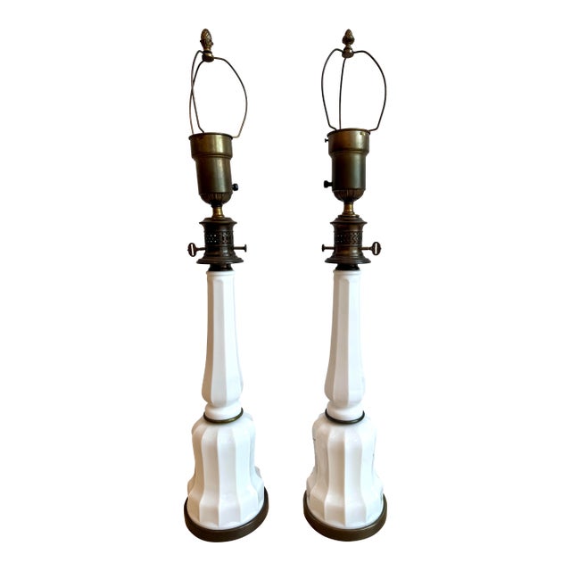 Early 20th Century White Milk Glass & Patinated Brass Table Lamps - a Pair For Sale