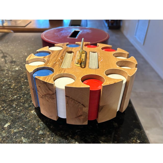 Wood Mid 20th Century Revolving Wood Chip Holder Poker Chips With Leather Cover For Sale - Image 7 of 7