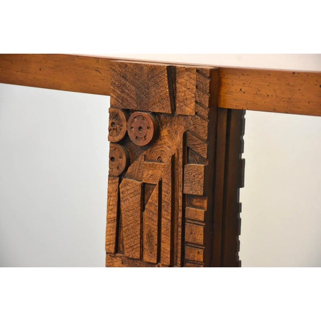 A mid century modern brutalist double mirror by Lane. 57” wide. 2” deep. 41.25” tall.