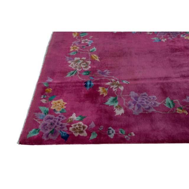 Pink Antique Art Deco Chinese Handmade Floral Wool Rug For Sale - Image 4 of 9