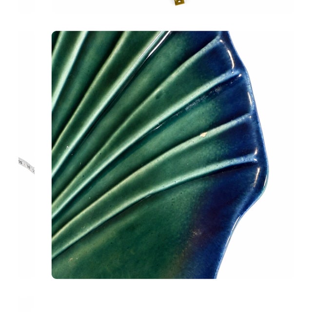 Vintage Portuguese Teal Ceramic Scallop Shell Serving Dish — Large 15" For Sale - Image 4 of 5