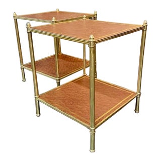Pair of Jansen Manner Leather and Brass Side Tables For Sale