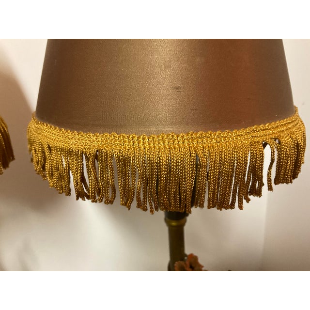 Early 20th Century Italian Metal & Marble Decorative Table Lamps With Metal Flowers - a Pair For Sale - Image 9 of 10