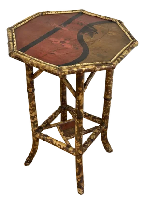 Vintage Chinoiserie Style Hand-Painted Scorched Bamboo Side Table