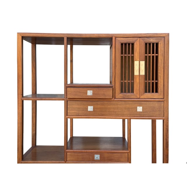 Asian Inspired Asymmetrical Light Brown Shelving Display Cabinet Divider For Sale - Image 10 of 10