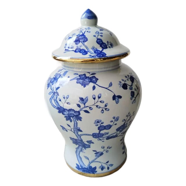 1990s Floral Tree Pair of Ginger Jars in Blue/White Porcelain With Gold Rim For Sale