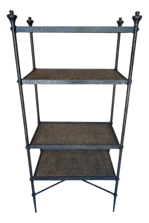 French Modern Style Forged Bronze and Woven Rattan Étagère, Sculptural Form