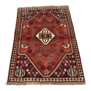 Shiraz Rug 3'5'' X 4'9'' Red Wool Vintage Tribal Hand-Knotted Oriental Carpet