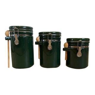 1970s Ceramic Kitchen 3 Canister Set Wooden Spoons For Sale