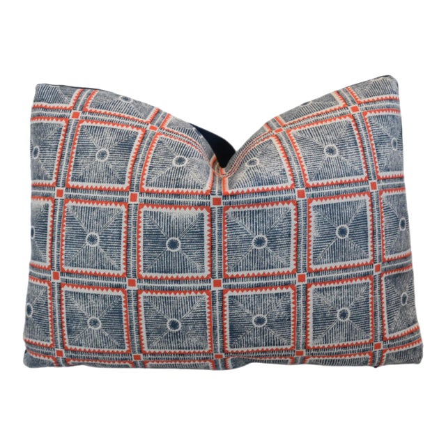 Designer Maresca Textiles Pisa Blue & Red Feather/Down Pillow For Sale