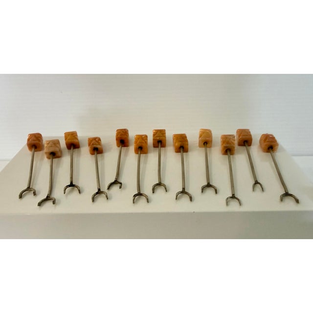 Mid 20th Century Set of 12 Mexican Honey Onyx Cocktail Forks in Amber Tones, Mid-Century Modern For Sale - Image 12 of 12