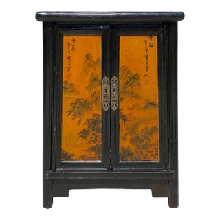 Chinese Distressed Black Yellow Scenery Graphic End Table Nightstand For Sale