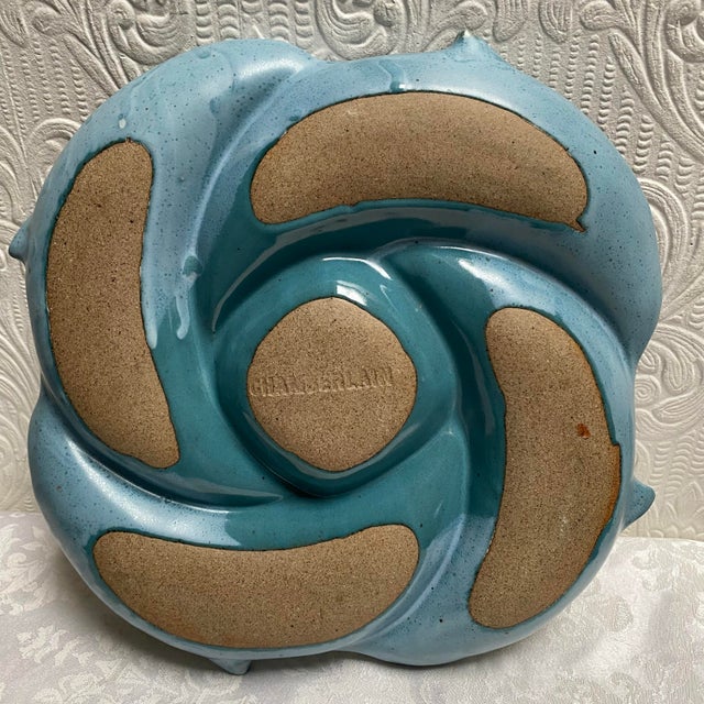 Ceramic Vintage Tom Chamberlain Turquoise Dolphins Chip and Dip For Sale - Image 7 of 9