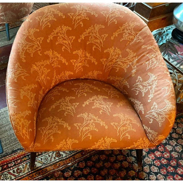 Wood Mid Century Barrel Club Chair With Original Asian Damask Upholstery For Sale - Image 7 of 9