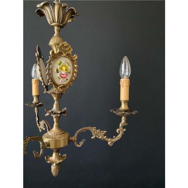 Metal Antique Chandelier with Ceramic Decorations, 1960s For Sale - Image 7 of 14