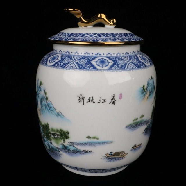Famille Rose Landscape Porcelain Ginger Jar, Chinoiserie Decor Canister For Sale In New York - Image 6 of 9